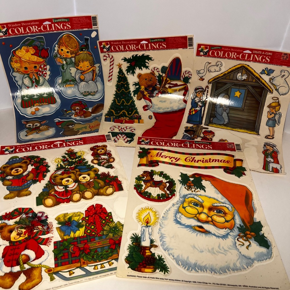Vintage 1996 Color-Clings Christmas Window Clings Santa Nativity Bears Lot of 5